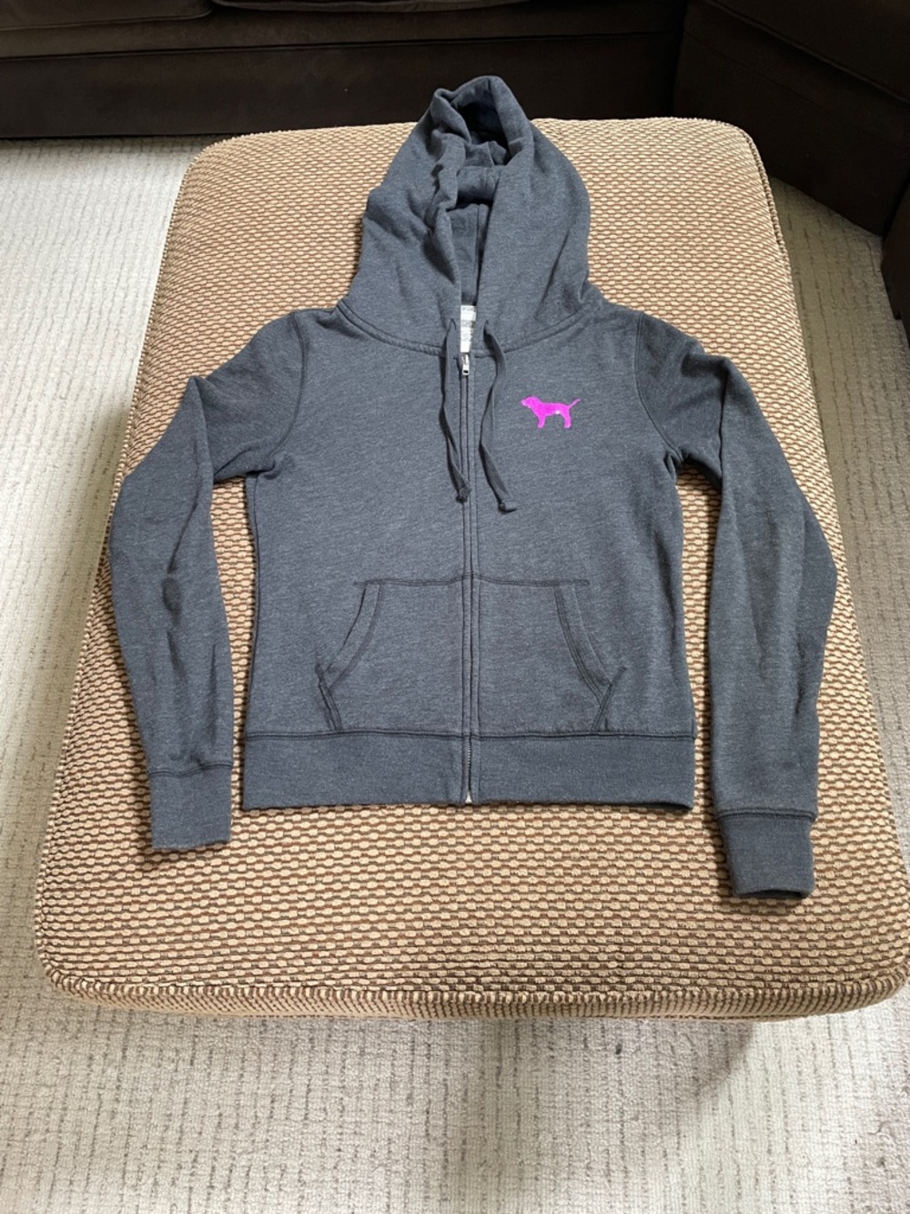 PINK Victoria's Secret Gray Zip Hoodie with Pink Logo Accent with sequined back